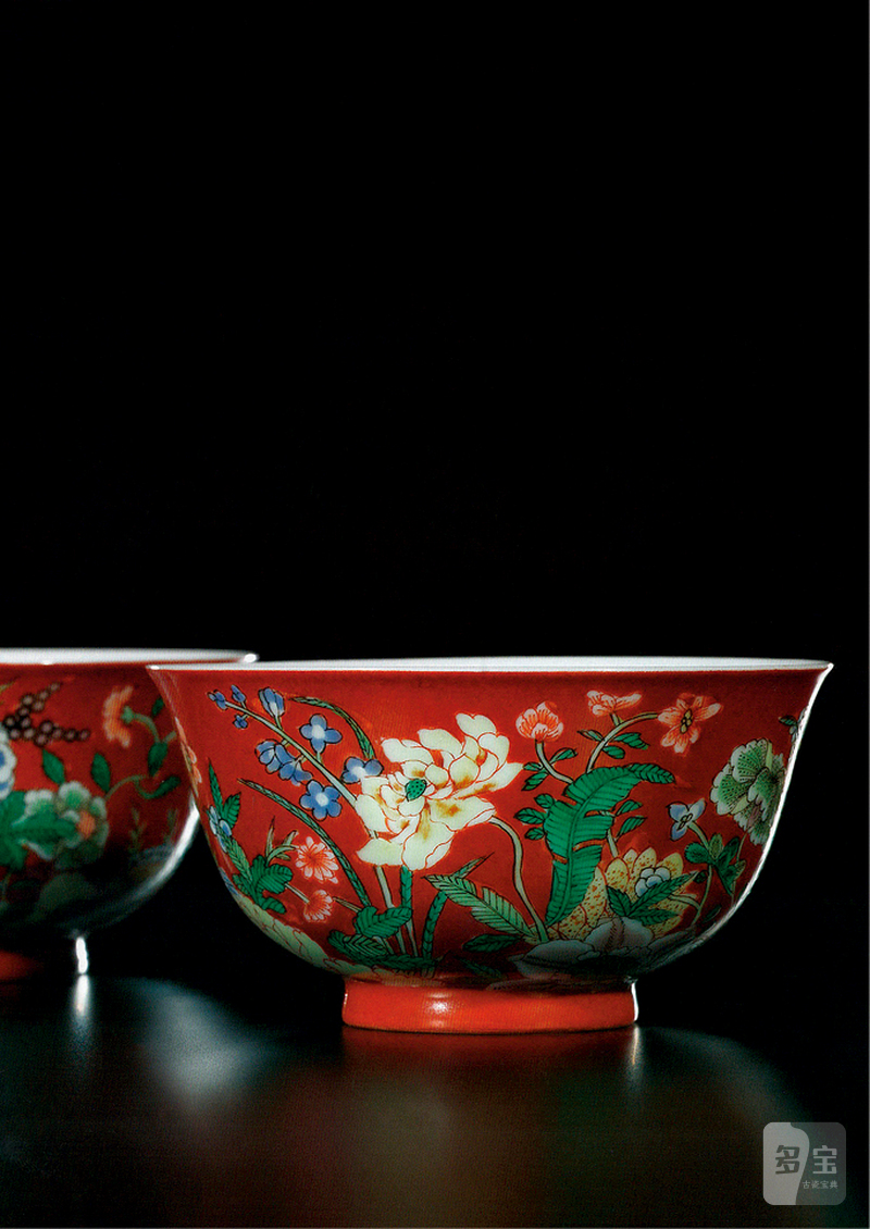 清康熙 御制磁胎画珐琅红地洋彩九秋同庆图碗一对 - 图8